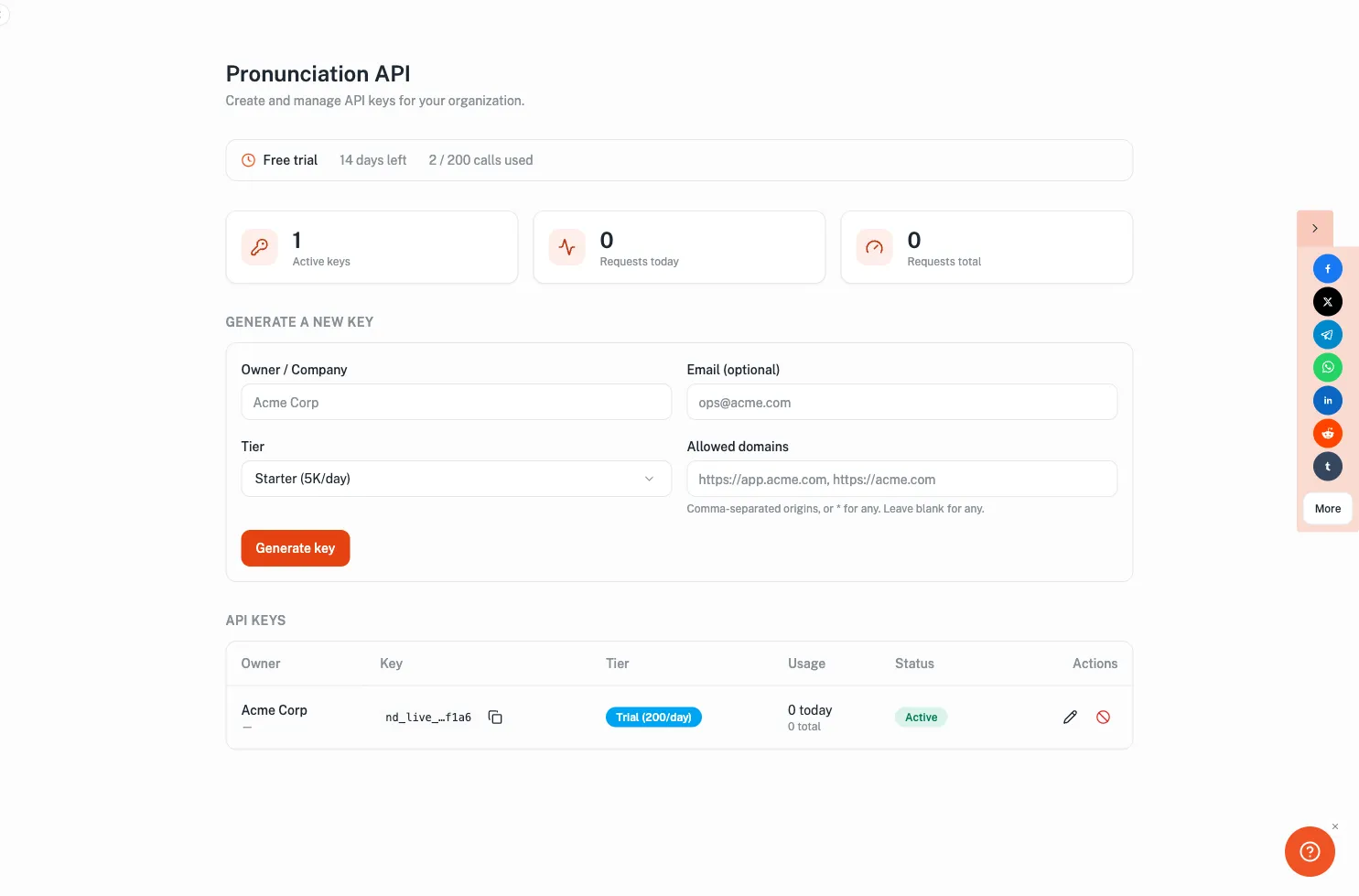 Pronunciation API dashboard showing the active trial banner, usage panel, and key generation form