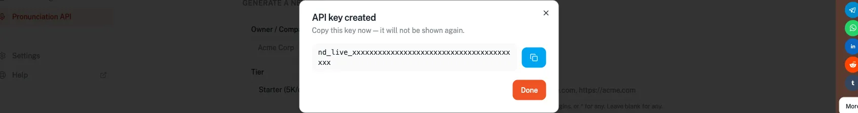 The "API key created" dialog showing a one-time key with a copy button