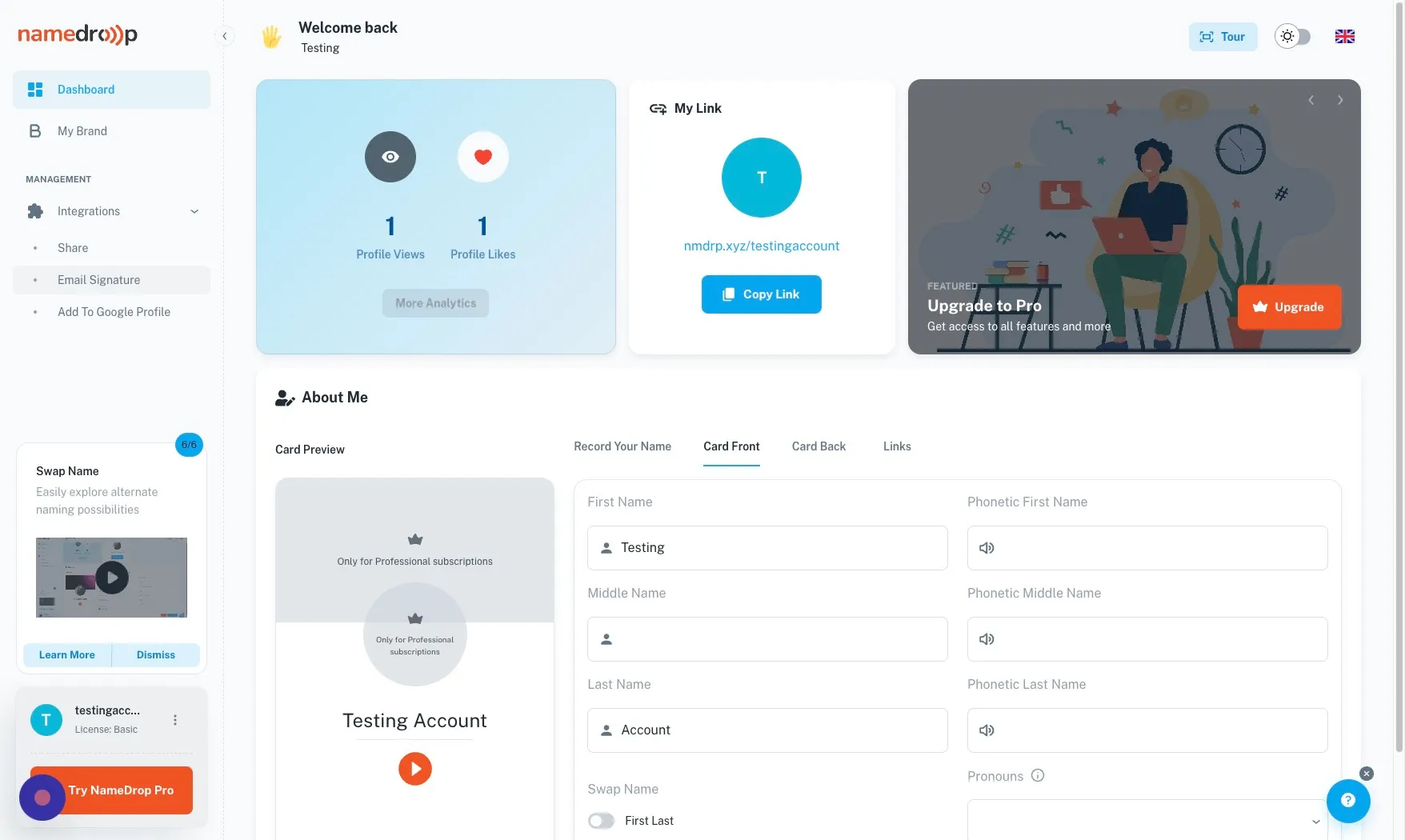 Email Signature option under Integrations in the NameDrop dashboard left navigation