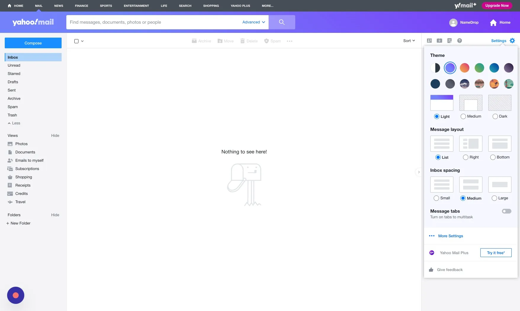 More Settings option in the Yahoo Mail quick settings panel