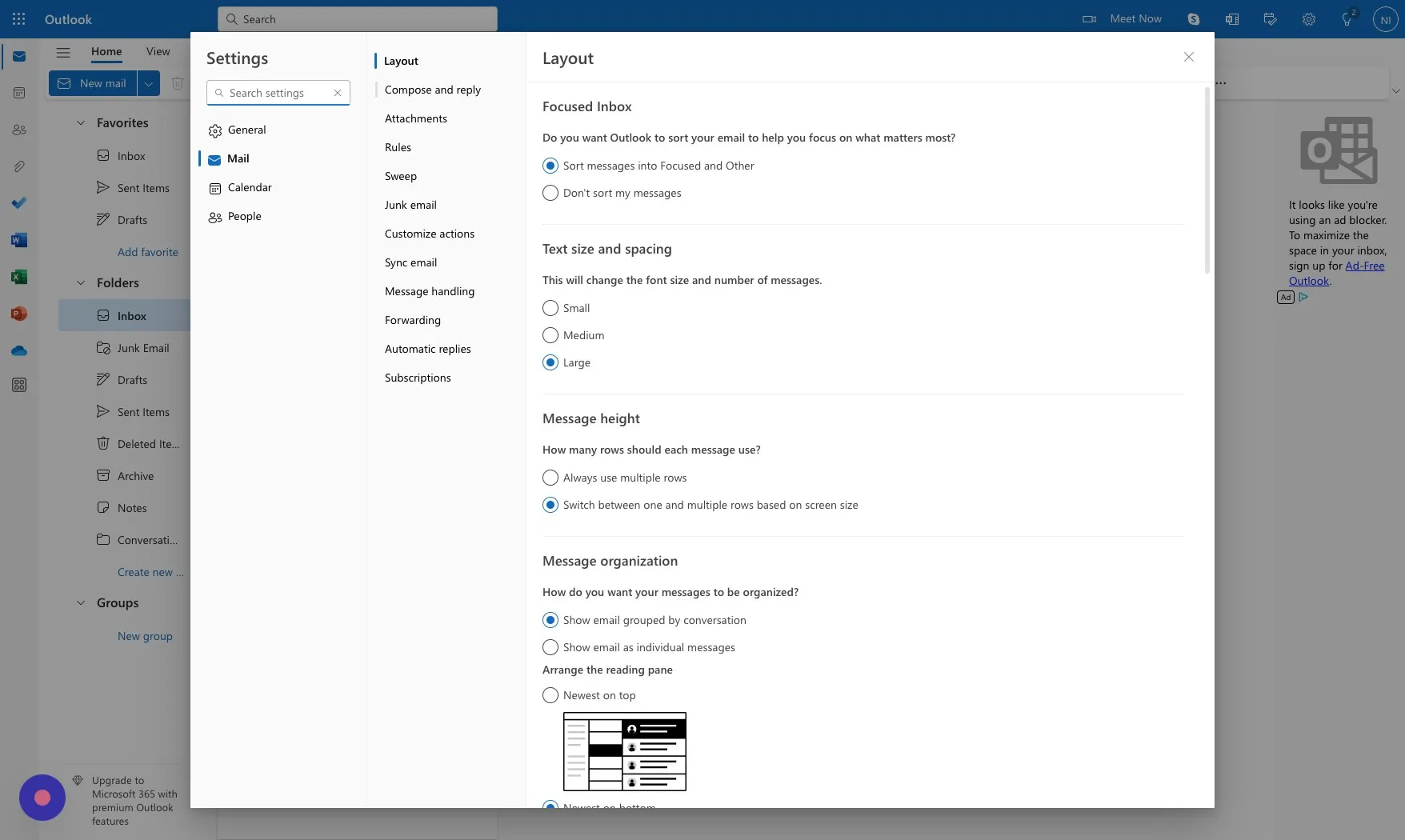 Compose and reply option in the Outlook settings panel