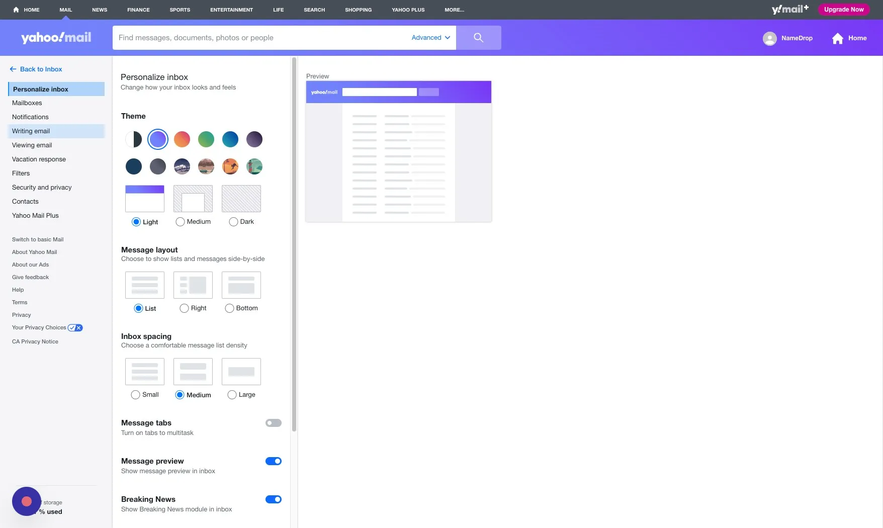 Writing email option in the Yahoo Mail settings left sidebar